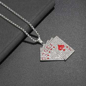 Alloy Full Crystal Rhinestone Playing Cards Pendant Necklaces, 201 Stainless Steel Box Chain Necklaces, Stainless Steel Color, Red, 23.54 inch(59.8cm)