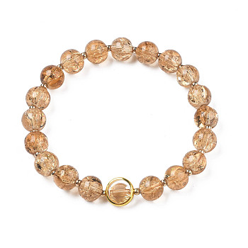 Round Glass Beaded Stretch Bracelet with Gold Plated Brass Ring for Women, Tan, Inner Diameter: 2 inch(5cm)