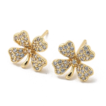 Brass with Clear Cubic Zirconia Stud Earrings, Flower, Light Gold, 11x12mm
