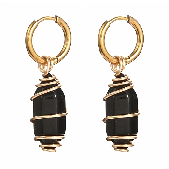Copper Wire Wrapped Natural Obsidian Dangle Earrings for Women, 304 Stainless Steel Huggie Hoop Earrings, 39mm, Pin: 1mm