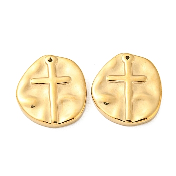 304 Stainless Steel Pendants, Irregular Flat Round with Cross Charm, Real 14K Gold Plated, 19.5x18x3mm, Hole: 1mm