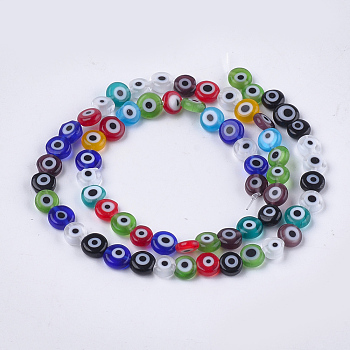 Handmade Evil Eye Lampwork Beads Strands, Flat Round, Mixed Color, 6x2.5mm, Hole: 1mm, about 64~65pcs/strand, 14.1 inch~14.5 inch