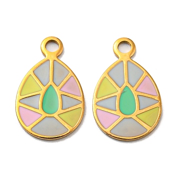 304 Stainless Steel Pendants, with Enamel, Teardrop Charm, Real 14K Gold Plated, Colorful, 17x10.5x1~1.5mm, Hole: 1.8mm
