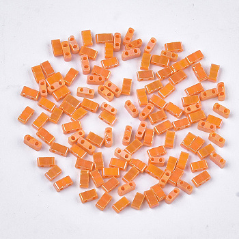 2-Hole Opaque Glass Seed Beads, AB Colours, Rectangle, Dark Orange, 4.5~5.5x2x2~2.5mm, Hole: 0.5~0.8mm
