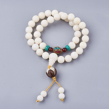 2-Loop Wrap Style Buddhist Jewelry, Wood Mala Bead Bracelets, Stretch Bracelets, with Natural/Synthetic Gemstone, Round, Creamy White, 1-3/8 inch(35mm)