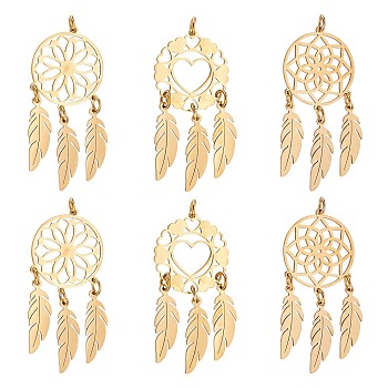 6Pcs 3 Style 201 Stainless Steel Pendants, with Jump Rings, Woven Net/Web with Feather, Golden, 44~46x20x1mm, Hole: 3mm, 2pcs/style