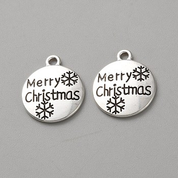 Christmas Themed Tibetan Style Alloy Pendants, Flat Round with Word Merry Christmas Charms, Antique Silver, 17.5x15x1.7mm, Hole: 1.6mm