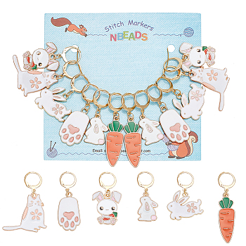 12cs 6 Style Carrot & Rabbit & Cat & Paw Locking Stitch Markers, Alloy Enamel Charm Stitch Marker with 304 Stainless Steel Hoop, Golden, 3.7~5cm, 2pcs/style