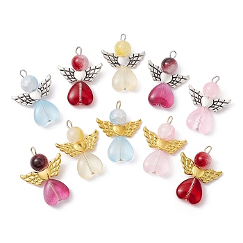 10Pcs 10 Color Glass Beaded Pendant, with Alloy Findings, Angle Fairy Charms, Mixed Color, 28.5x21.5x8mm, Hole: 3.2mm, 1Pc/color