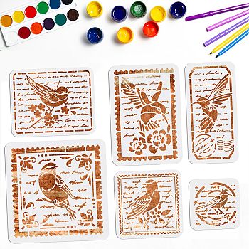 6Pcs 6 Styles PET Hollow Out Drawing Painting Stencils, for DIY Scrapbook, Photo Album, Bird Pattern, 150~300x150~300mm, 1pc/style