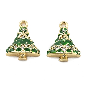 Christmas Theme Brass Micro Pave Cubic Zirconia Pendants, with Enamel, Lead Free & Cadmium Free, Long-Lasting Plated, Real 18K Gold Plated, Christmas Tree, 13.5x12x4.5mm, Hole: 1.4mm