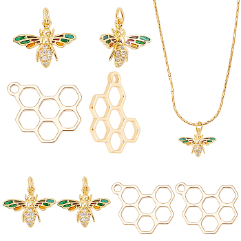 8Pcs 2 Styles Brass Pendants & Brass Micro Pave Cubic Zirconia Pendants, with Jump Rings and Enamel, Honeycomb & Bees, Real 18K Gold Plated, 12~19x15.5~16x1.5~4mm, Hole: 1.4~3.5mm, 4pcs/style