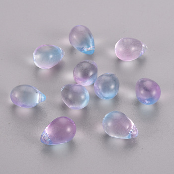 Two Tone Transparent Spray Painted Glass Charms, Teardrop, Lilac, 14x10x9mm, Hole: 1mm