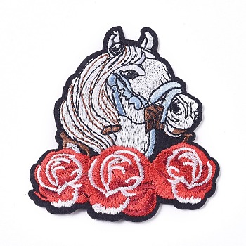 Computerized Embroidery Cloth Iron on/Sew on Patches, Costume Accessories, Appliques, Horse with Rose, Colorful, 78x72x1.5mm