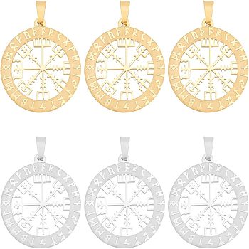 6Pcs 2 Colors 304 Stainless Steel Norse Viking Compass Amulet Pendants, Flat Round, Golden & Stainless Steel Color, 33.5x30x1.5mm, 3pcs/color