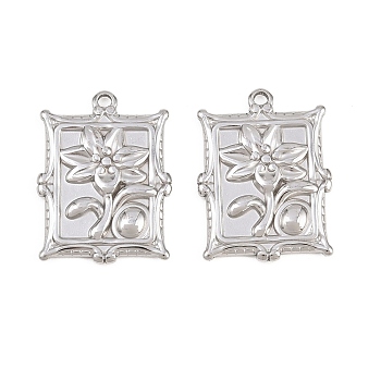 304 Stainless Steel Pendants, Rectangle with Flower Charms, Stainless Steel Color, 20x15x2mm, Hole: 1.4mm