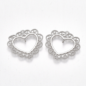 Brass Links connectors, Heart, Nickel Free, Real Platinum Plated, 20.5x22.5x1.5mm, Hole: 1mm