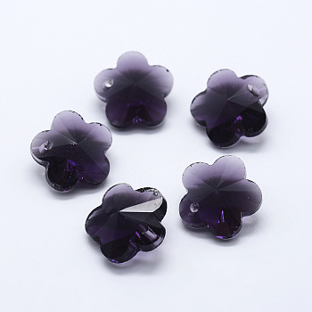 Transparent Glass Pendants, Faceted, Flower Charms, Indigo, 13x13.5x8mm, Hole: 1.5mm