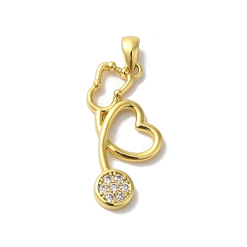 Brass Micro Pave Cubic Zirconia Pendant, Lead Free & Cadmium Free, Long-Lasting Plated, Stethoscope, Real 18K Gold Plated, 25x11.5x2mm, Hole: 4.5x3mm