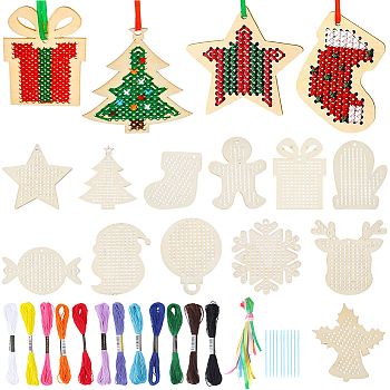 1 Bag Christmas Theme Wood Cross Stitch Kits, includes Cross Stitch Flosses & Needles & Wood Chips, Mixed Color, 56.5~89x63~91x2.5mm
