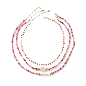 Natural Rose Quartz & Agate Beaded Necklaces Sets for Women, Handmade Brass Glass Beaded Chains Necklaces, 14.96~18.9 inch(38~48cm), 3pcs/set