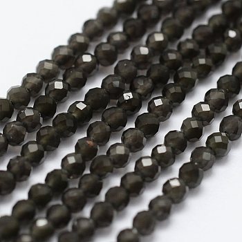 Natural Obsidian Beads Strands, Faceted, Round, 2mm, Hole: 0.5mm,  about 175pcs/strand, 14.9 inch(38cm)
