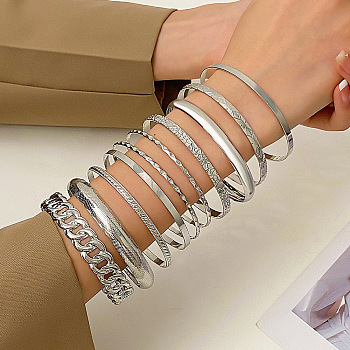 10Pcs Alloy Bangle Set for Women, Platinum, Diameter: 70mm