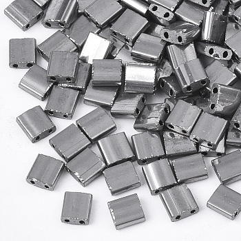 Electroplate Opaque Glass Seed Beads, 2-Hole, Rectangle, Gunmetal Plated, 5x4.5~5.5x2~2.5mm, Hole: 0.5~0.8mm