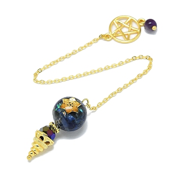 Round Resin Dowsing Pendulum Big Pendants, Natural Lapis Lazuli Chip Inisde and Cadmium Free & Lead Free Golden Plated Brass Findings, Cone Charm, 215mm