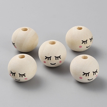 Schima Wood European Beads, Large Hole Beads, Round with Smiling Face Pattern, Old Lace, 20x18mm, Hole: 4mm
