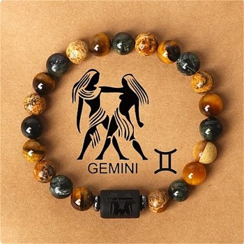 Twelve Constellation Natural Tiger Eye water Beads Bracelet, Gemini, 7-1/8 inch(18cm)