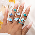 8Pcs Ocean Alloy Enamel Finger Rings Set, with Resin, Starfish Crab Jellyfish Shell Shape, Platinum, Inner Diameter: 17.8~18.6mm(WGEDDBB-01)