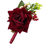 1Pc Silk Brooch, with Plastic Imitation Flower, for Wedding, Party Decorations, Rose, Dark Red, 109x78x45mm, Pin: 0.7mm(AJEW-DJ0001-02)