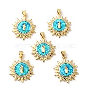 Rack Plating Brass Micro Pave Cubic Zirconia with Synthetic Opal Pendants, with Jump Ring, Lead Free & Cadmium Free, Long-Lasting Plated, Sun with Saint, Real 18K Gold Plated, 25.5x22.5x4.2mm, Hole: 5x3.5mm(KK-D088-27G)