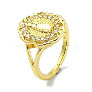 Brass with Cubic Zirconia Open Cuff Ring, Virgin Mary, Real 18K Gold Plated, Inner Diameter: 17mm(RJEW-B051-53G)