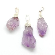 Natural Raw Rough Gemstone Amethyst Pendants, with Silver Color Plated Brass Findings, Irregular Nuggets, 28~45x15~17x12~16mm, Hole: 8x5mm(G-M040-M04)