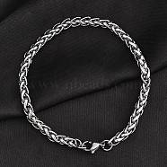 Tarnish Resistant 304 Stainless Steel Wheat Chains Bracelets, with Lobster Clasps, Stainless Steel Color, 8-1/4 inch(210mm), 5mm(BJEW-O091-04P)