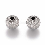Round 304 Stainless Steel Corrugated Beads, Stainless Steel Color, 10mm, Hole: 2mm(STAS-I050-01-10mm)