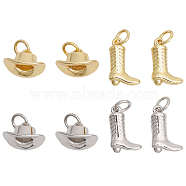 8Pcs 4 Style Rack Plating Brass Charms, with Jump Ring, Long-Lasting Plated, Cadmium Free & Lead Free, Boot & Hat, Platinum & Golden, 6.5~13x9~12x3.5~8mm, Hole: 3mm, 2pcs/style(ZIRC-CA0001-23)