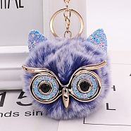 Pom Pom Ball Keychain, with KC Gold Tone Plated Alloy Lobster Claw Clasps, Iron Key Ring and Chain, Owl, Slate Blue, 12cm(KEYC-PW0002-033R)