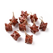Natural Red Jasper Copper Wire Wrapped Pendants, Merkaba Star Charms, Golden, 26~31x20~21x13~15mm, Hole: 5~5.5mm(G-B041-02G-11)