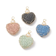 Natural Lava Rock Pendants, for Perfume Essential Oil Charm, with Golden Tone Copper Wire and Natural Cultured Freshwater Pearl, Heart, Mixed Color, 34~36x23.5~25x9~10mm, Hole: 3.5~4mm(PALLOY-JF01791)
