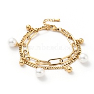 Plastic Pearl and Round Ball Charm Multi-strand Bracelet, Vacuum Plating 304 Stainless Steel Double Layered Chains Bracelet for Women, Golden, 7-1/2 inch(19cm)(BJEW-G639-10G)