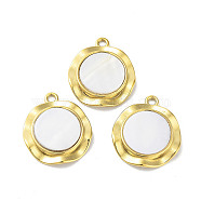 304 Stainless Steel Pave Natural White Shell Pendants, Flat Round Charms, Golden, 22.5x19x3.5mm, Hole: 1.8mm(STAS-A168-11G)
