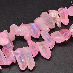 Electroplated Natural Quartz Crystal Beads Strands, Nuggets, Tusk Shape, AB Color, Dyed, Pink, 7~15x18~60mm, Hole: 1mm, about 46pcs/strand, 16 inch(G-A142-03B)