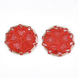 Polyester Woven Pendant Decorations, with Iron Findings, Flat Round with Flower, Light Gold, Red, 28x2mm(FIND-S283-05D)