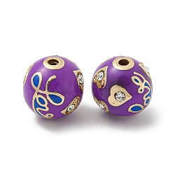 Golden Alloy Enamel Beads, with Rhinestone, Round with Heart Love, Purple, 12x11.5mm, Hole: 1.8mm(FIND-E044-25G)