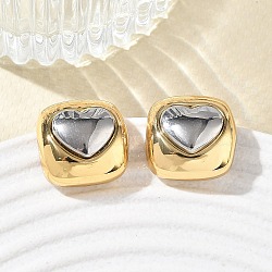 304 Stainless Steel Stud Earrings, Square with Heart Pattern, PVD Vacuum Plating, Golden & Stainless Steel Color, 17x17mm(SA-CBA2696-33GP)