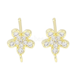 Brass Pave Clear Cubic Zirconia Stud Earring Findings, with Loop, Flower, Real 14K Gold Plated, 9x7.5mm, Hole: 1.2mm, Pin: 0.5mm(KK-F875-08G)