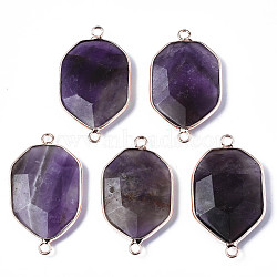 Natural Amethyst Links Connectors, with Edge Rose Gold Plated Brass Findings, Faceted, Polygon, 39~40x22~23x5~7mm, Hole: 2.5mm(G-S359-280A)